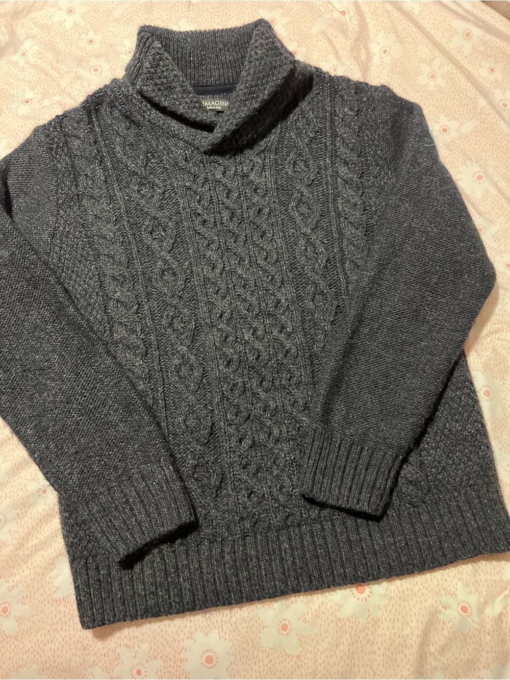 Immagini Made in Italy Men's Wool Heather Dark Blue Cable Shawl Collar Sweater L